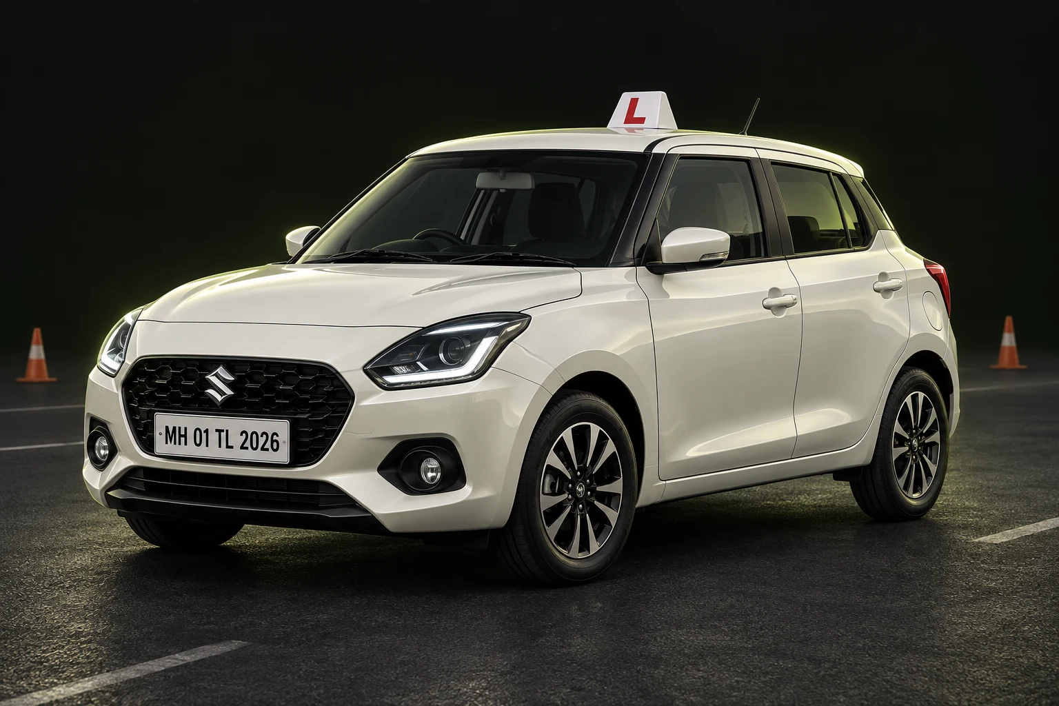 Pearl white Maruti Suzuki Swift learner car with a red L plate and Indian registration, on a practice road